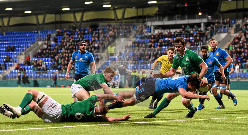 RBS 6 Nazioni U20 2016, Dublino, Donnybrook Stadium, 11-03-2016, Irlanda U20 v Italia U20. La meta di Giovanni Pettinelli. Foto: Stephen McCarthy @ Fotosportit.
