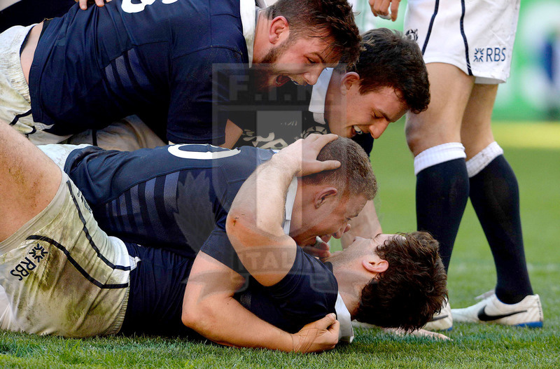Sei Nazioni 2014, Roma Stadio Olimpico, 22-02-2014, Esultanza degli scozzesi in meta con Alex Dunbar, foto: Massimiliano Pratellifoto: Massimiliano Pratelli