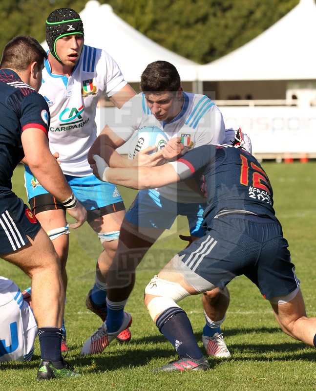 RBS Sei Nazioni 2017, Capoterra (Cagliari), stadio Santa Rosa 10/03/2017, Italia U20 v Francia U20, Ludovico Vaccari impatta. Foto Daniele Resini/Fotosportit