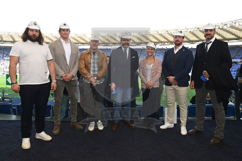 ROME, ITALY - MARCH 12: Centurions Martin Castrogiovanni, Alessandro Zanni, Alessandro Troncon, Andrea Lo Cicero, Sara Barattin, Mauro Bergamasco and Marco Bortolami pose wearing their 100th test cap before the Guinness Six Nations Rugby match between Italy and Scotland at Stadio Olimpico on March 12, 2022 in Rome, Italy. (Photo by Tullio Puglia - Federugby/Getty Images)