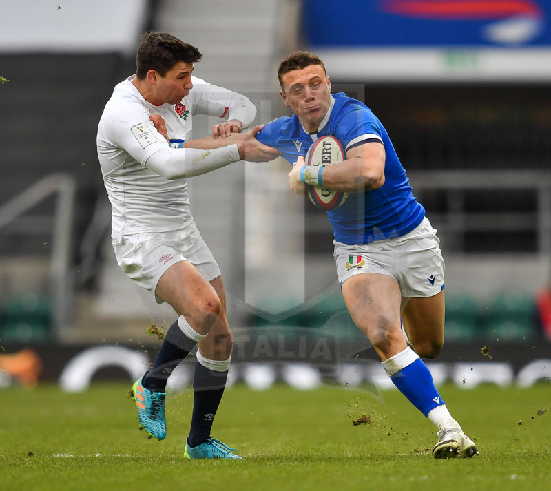Guinness Sei Nazioni 2021, Round 2, Londra, Twickenham 13/02/2021, Inghilterra v Italia, Paolo Garbisi affronta Ben Youngs. Foto Graig Thomas/Fotosportit