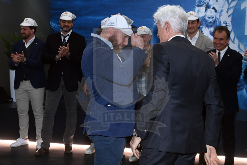 ROME, ITALY - MARCH 12: Leonardo Ghiraldini is presented with her 100th test cap by Marzio Innocenti during the Centurion Test Cap ceremony before the Guinness Six Nations Rugby match between Italy and Scotland at Stadio Olimpico on March 12, 2022 in Rome, Italy. (Photo by Tullio Puglia - Federugby/Getty Images)