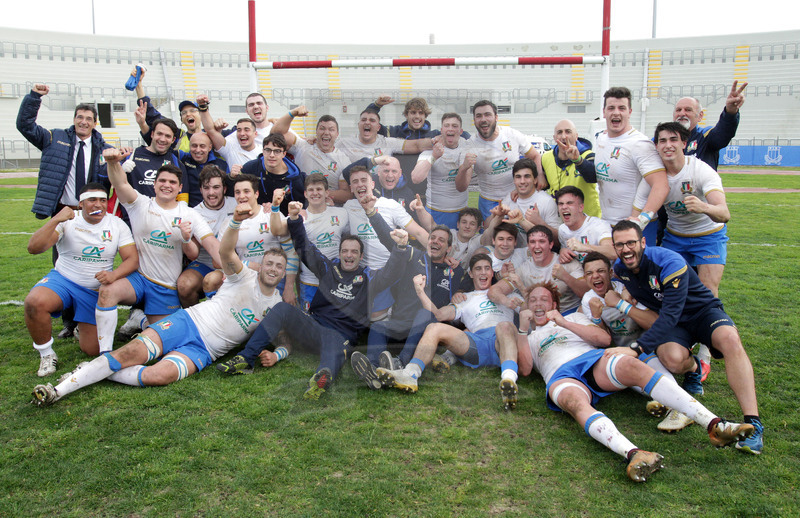 Natwest Sei Nazioni U20 2018, round 5, Bari, stadio della Vittoria 16/03/2018, Italia U20 v Scozia U20, gli Azzurri festeggiono la vittoria. Foto Daniele Resini/Fotosportit