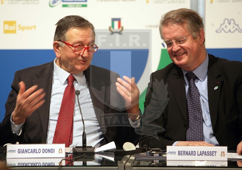 Presentazione del Irb Junior Championship Italy 2011, Unindustria Treviso 2011/03/30, Giancarlo Dondi, presidente Fir e Bernard Lapasset, presidente Irb.