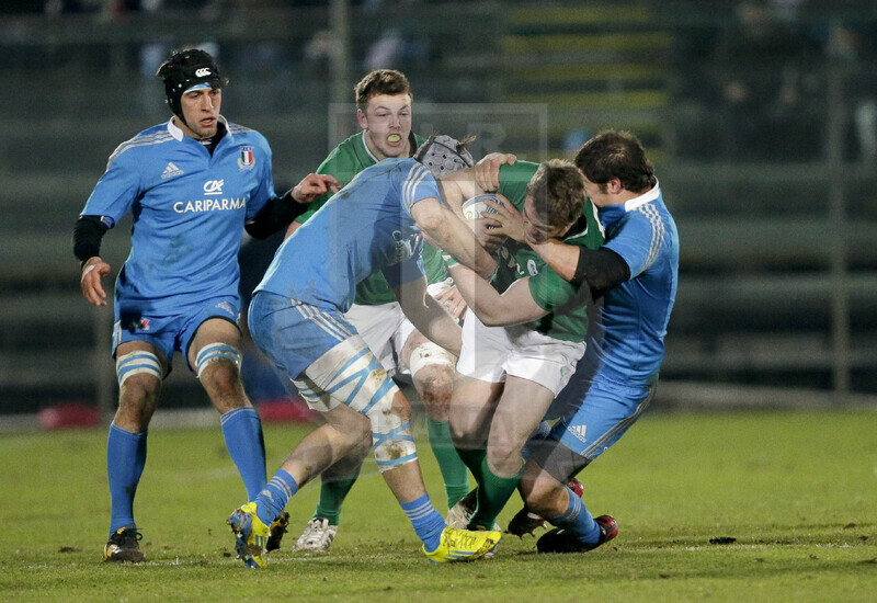 RBS 6 Nazioni U20 2013, Avezzano (AQ), Stadio dei Marsi, 15-03-2013, Italia U20 v Irlanda U20. Aain Moriconi e Michele Campagnaro fermano l\