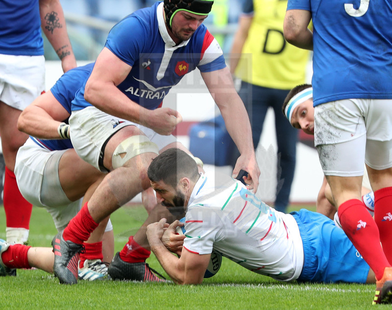 Guinness Sei Nazioni 2019, Round 5, Roma, stadio Olimpico 16/03/2019, Italia v Francia, la meta di Tito Tebaldi. Foto Daniele Resini/Fotosportit