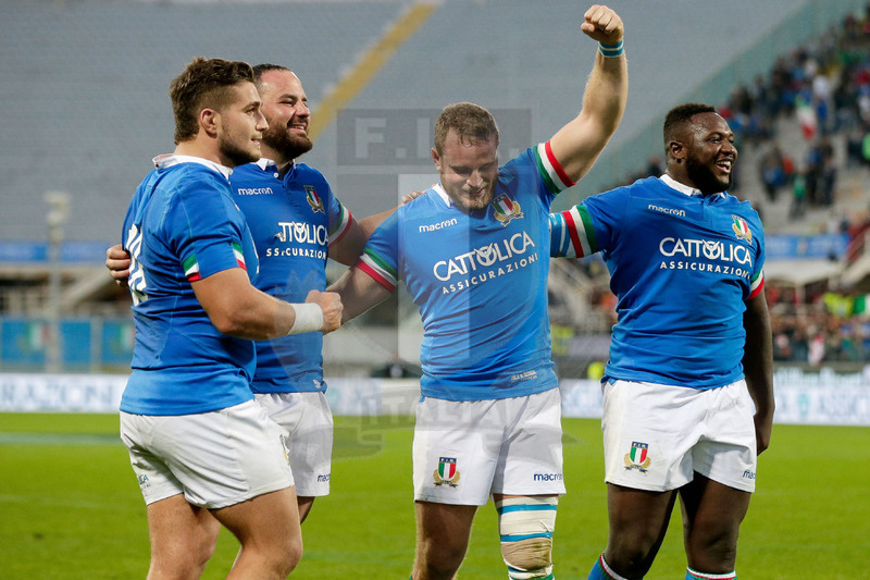 CatCattolica Test Match 2018, Firenze, stadio Artemio Franchi 10/11/2018, Italia v Gorgia, festeggiamenti a fine match: Pasquali, Ferrari, Bigi e Traorè.