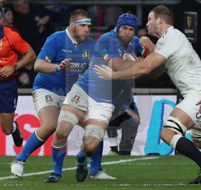 Guinness Sei Nazioni 2019, Round 4, Londra, Twickenham 09/03/2019, Inghilterra v Italia, Dean Budd impatta su Launchbury. Accorre Lovotti. Foto Daniele Resini/Fotosportit