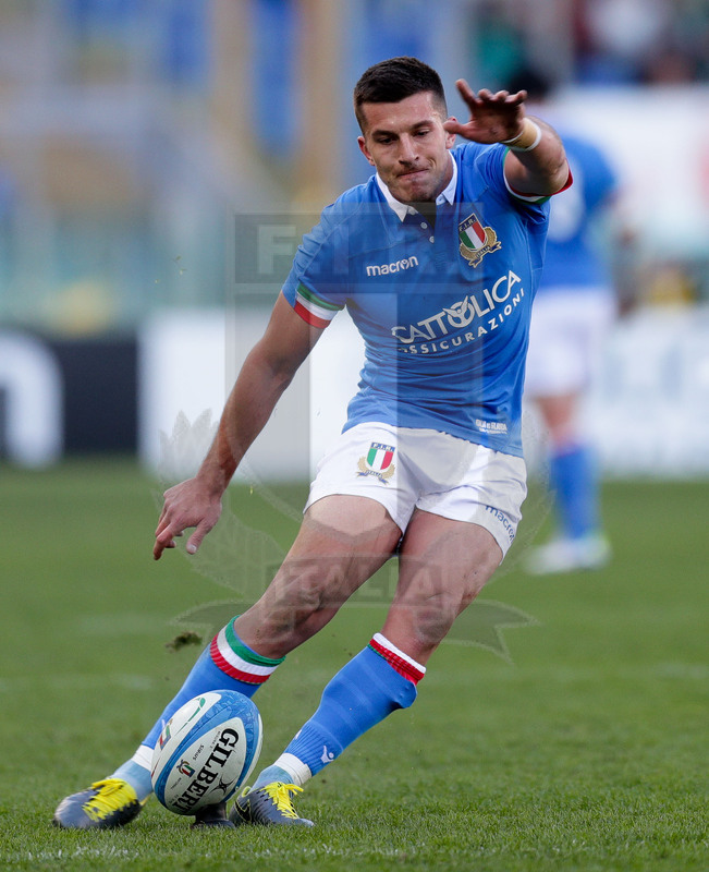 Guinness Sei Nazioni 2019, Round 3, Roma, Stadio Olimpico, 24/02/2019, Italia v Irlanda. Tommaso Allan alla trasformazione. Foto Roberto Bregani/Fotosportit