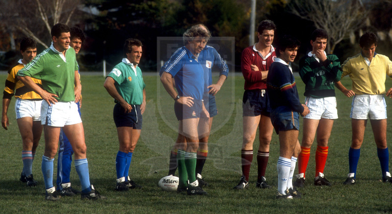 Rugby World Cup 1987, Pool 3, Auckland 25/05/1987, allenamento della Nazionale italiana, gli Azzurri in campo. Da sinistra: Tebaldi,m Pavin, Fabio Gaetaniello, Collodo, Bollesan, Innocenti, Ghini, Marcello Cuttitta, Barba. Foto Daniele Resini/Fotosportit