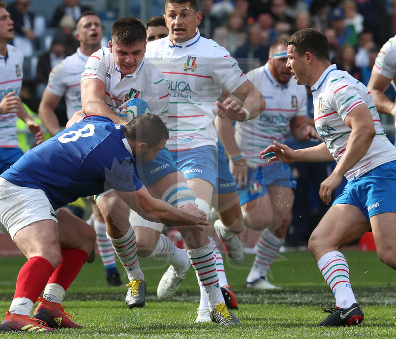 Guinness Sei Nazioni 2019, Round 5, Roma, stadio Olimpico 16/03/2019, Italia v Francia, Jake Polledri impatta su Picamoles. Foto Daniele Resini/Fotosportit