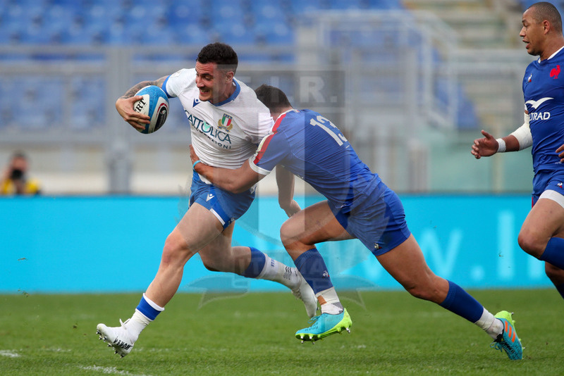 Guinness VI Nazioni 2021, Roma, Stadio Olimpico, 6/02/2021, Italia v Francia. Luca Sperandio placcato da Arthur Vincent. Foto Roberto Bregani/Fotosportit
