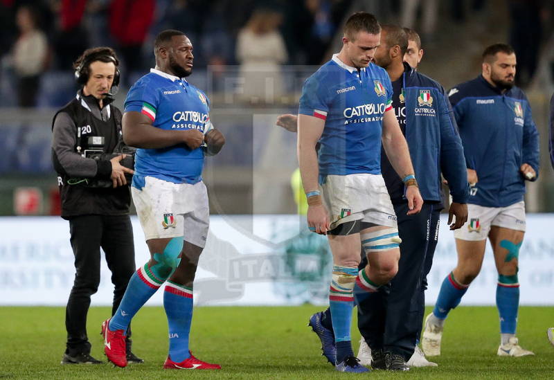 Guinness Sei Nazioni 2016, Round 2, Roma, Stadio Olimpico, 9/02/2019, Italia v Galles. La delusione di Abraham Steyn e Cherif Traorè al termine della partita. Foto Roberto Bregani/Fotosportit