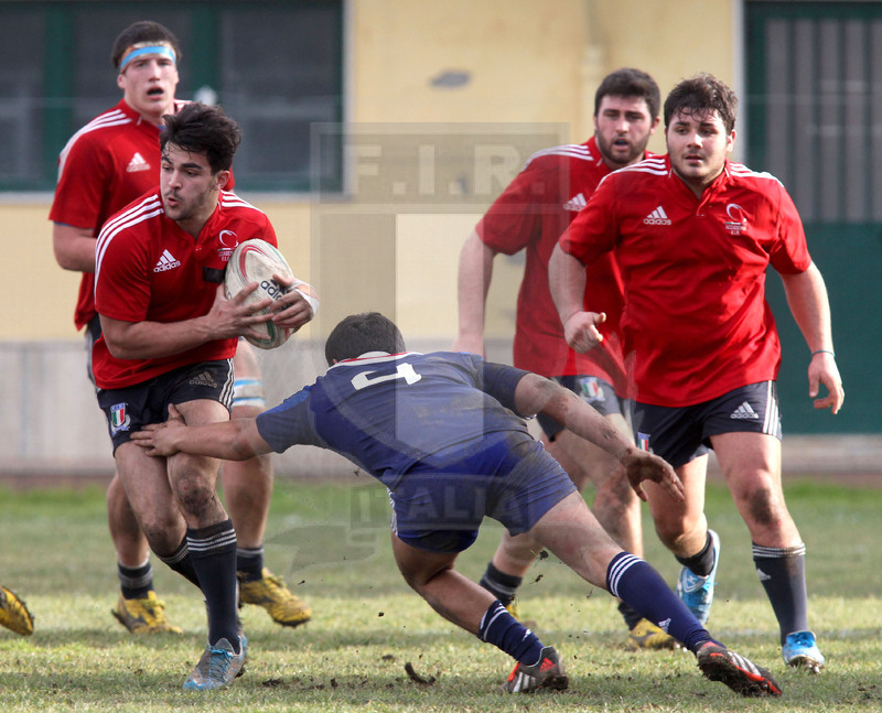 Benevento, 10 gennaio 2014, Nazionale italiana Under 20 v Accademia di Marcoussis, Luca Petrozzi, dietro: Zanetti, Buonfiglio e Ferraro.