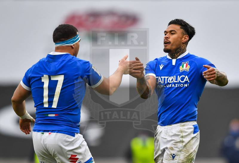 Guinness Sei Nazioni 2021, Round 2, Londra, Twickenham 13/02/2021, Inghilterra v Italia, Monty Ioane festeggiato dopo la meta. Foto Graig Thomas/Fotosportit