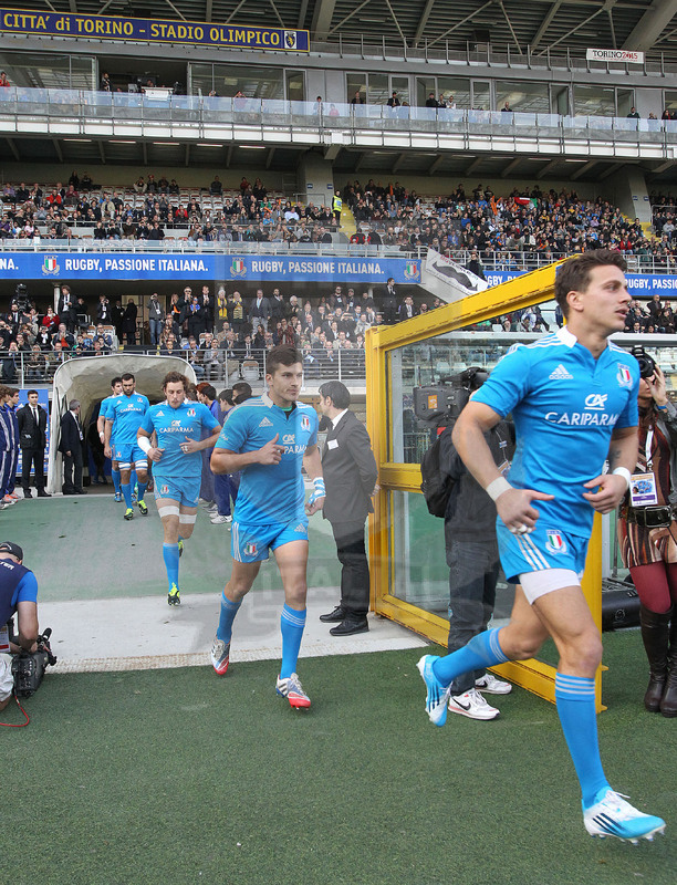 Cariparma test match 2013, Torino, stadio Olimpico, 9 novembre 2013, Italia v Australia, Tommaso Iannone e Tommaso Allan entrano in campo.