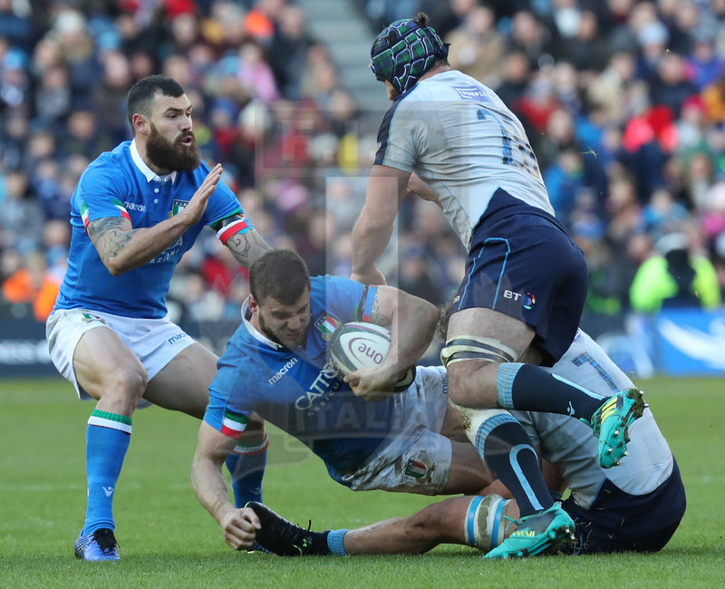 Guinness Sei Nazioni 2019, Round 1, Edimburgo, Murrayfield 02/02/2019, Scozia v Italia, placcaggio raddoppiato su Tommaso Castello. Hayward aiuta. Foto Daniele Resini/Fotosportit