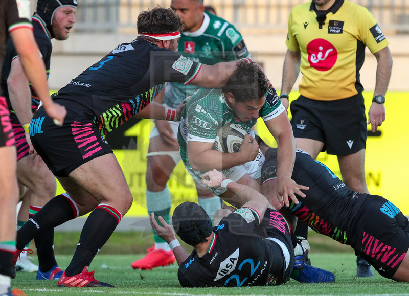 Guinness PRO14 Rainbow Cup 2020-2021, Parma, Stadio Lanfranchi, 7//05/2020, Zebre vs Benetton. Ivan Nemer messo a terra da Carlo Canna, Renato Giammarioli e Eduardo Bello. Foto: Roberto Bregani/Fotosportit
