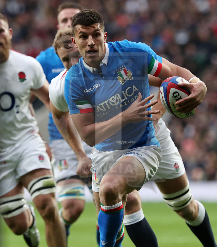 Guinness Sei Nazioni 2019, Round 4, Londra, Twickenham 09/03/2019, Inghilterra v Italia,il break di Tommaso Allan verso la meta. Foto Daniele Resini/Fotosportit
