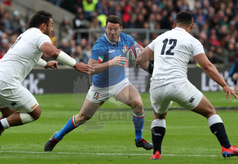 Guinness Sei Nazioni 2019, Round 4, Londra, Twickenham 09/03/2019, Inghilterra v Italia,Luca Morisi attacca la linea su Vunipola e Ben Te\