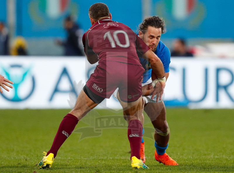 Cattolica Test Match 2018, Firenze, Stadio Franchi, 10-11-2018, Italia v Georgia. Mchele Campagnaro attacca Lasha Khmaladze. Foto: Roberto Bregani / Fotosportit