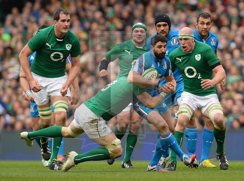 Sei Nazioni 2014, Dublino, Aviva Stadium, 08-03-2014, Irlanda v Italia, Tito Tebaldi placcato da Martin Moore, foto: Massimiliano Pratelli