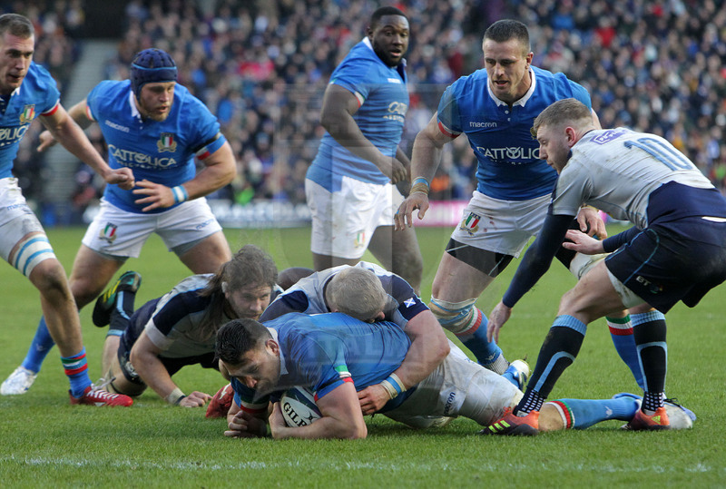 Guinness Sei Nazioni 2018, Round 1, Edimburgo, Murrayfield 02/02/2019, Scozia v Italia, David Sisi portato a terra. Foto Daniele Resini/Fotosportit
