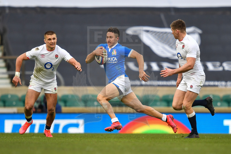 Guinness Sei Nazioni 2021, Round 2, Londra, Twickenham 13/02/2021, Inghilterra v Italia, Jacopo Trulla "buca" fra Farrell e Slade. Foto Graig Thomas/Fotosportit