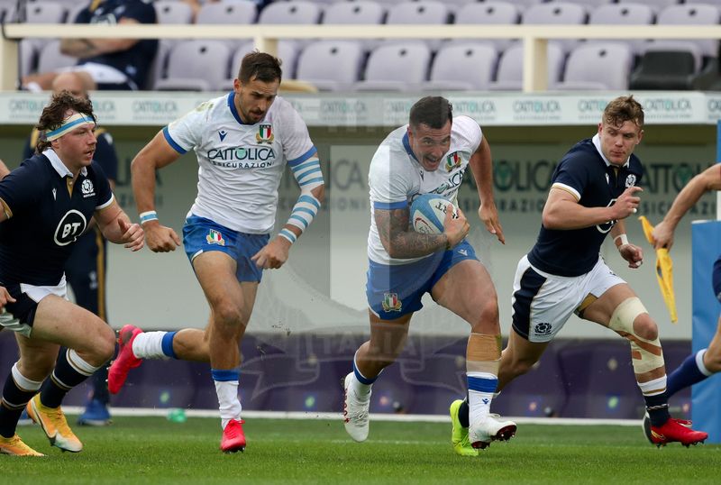 Autumn Nations Cup 2020, Cattolica Test match 2020, Firenze, Stadio Artemio Franchi, 14/11/2020, Italia v Scozia. Un attacco di Marco Zanon. Foto Roberto Bregani/Fotosportit