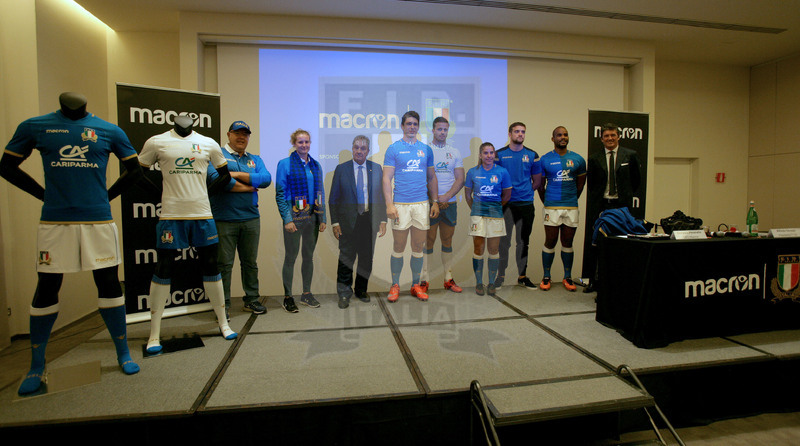 Milano, presentazione del nuovo sponsor tecnico Fir, Milano, NHOW Hotel 03/07/2017, Andrea Di Giandomenico, Isabella Locatelli, il Presidente federale Alfredo Gavazzi, Francesco Minto, Bram Steyn, Maria Magatti,Edoardo Padovani, Maxime Mbandà e Gianluca Pavanello, ad di Macron. Foto Daniele Resini/Fotosportit