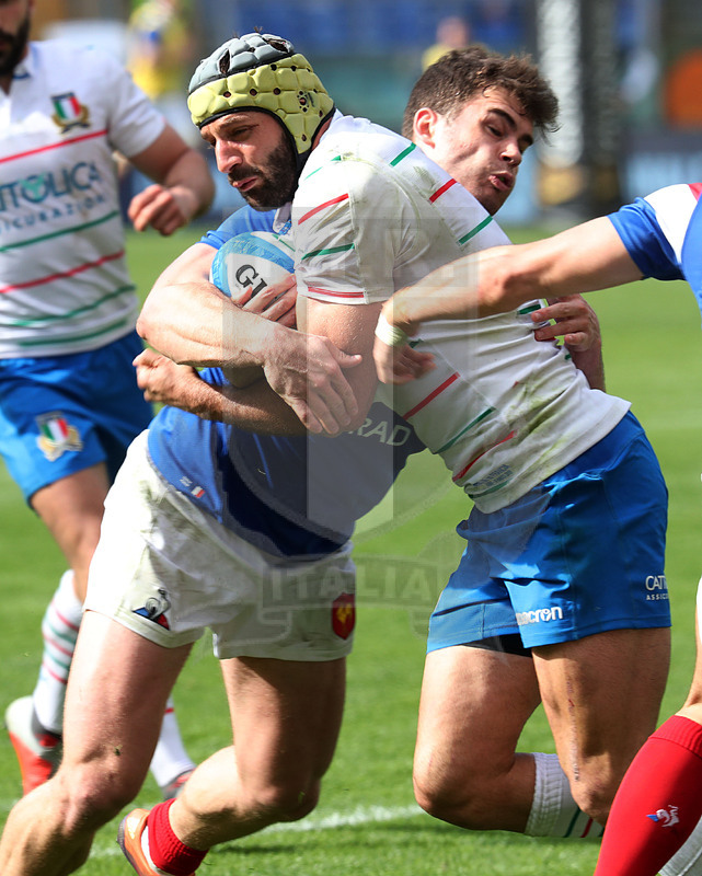 Guinness Sei Nazioni 2019, Round 5, Roma, stadio Olimpico 16/03/2019, Italia v Francia, Angelo Esposito placcato da Damian Penaud. Foto Daniele Resini/Fotosportit