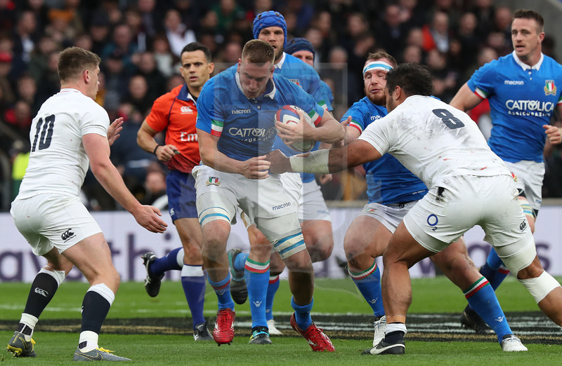 Guinness Sei Nazioni 2019, Round 4, Londra, Twickenham 09/03/2019, Inghilterra v Italia, Federico Ruzza attacca su Farrell e Vunipola. Foto Daniele Resini/Fotosportit