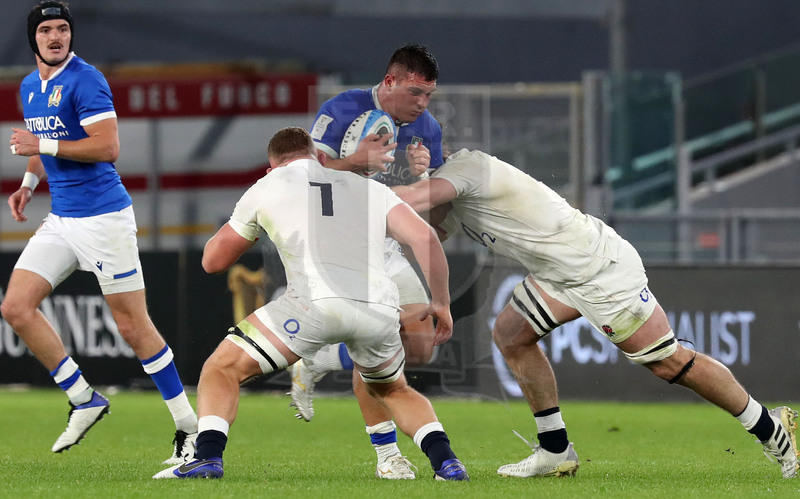 Guinness Sei Nazioni 2020, Round 5, Roma, stadio Olimpico 31/10/2020, Italia v Inghilterra, Danilo Fischetti subisce un placcaggio raddoppiato.