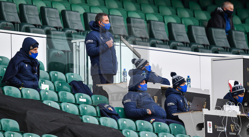Guinness Sei Nazioni 2021, Round 2, Londra, Twickenham 13/02/2021, Inghilterra v Italia, Lo staff azzurro in tribuna. Foto Graig Thomas/Fotosportit