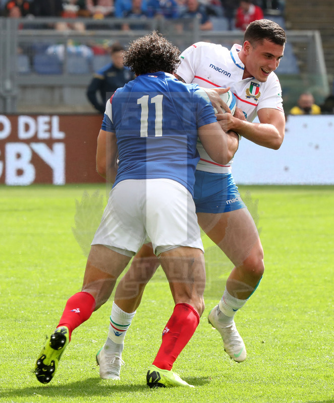 Guinness Sei Nazioni 2019, Round 5, Roma, stadio Olimpico 16/03/2019, Italia v Francia, Marco Zanon impatta su Yoann Huget. Foto Daniele Resini/Fotosportit