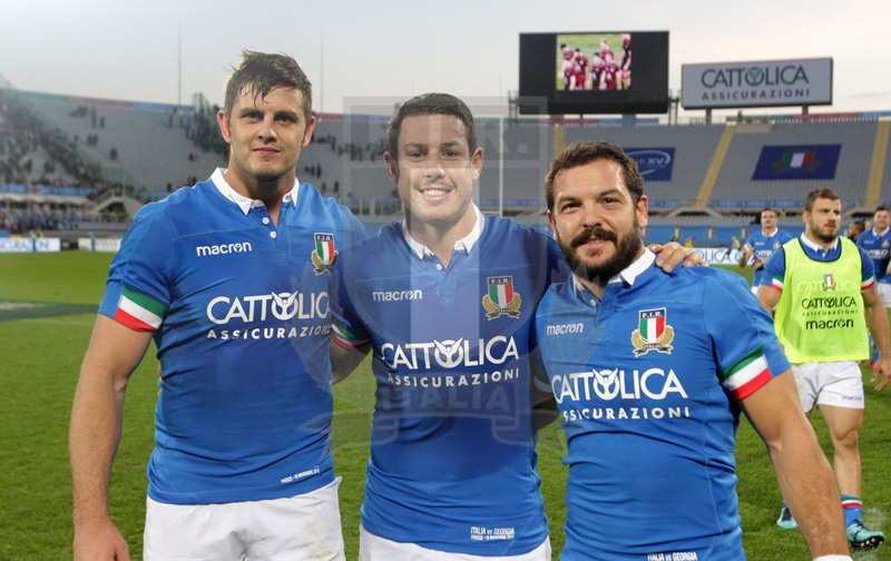 Cattolica Test Match 2018, Firenze, stadio Artemio Franchi 10/11/2018, Italia v Gorgia, festeggiamenti a fine match: Meyer, Morisi e Palazzani. Foto Daniele Resini/Fotosportit
