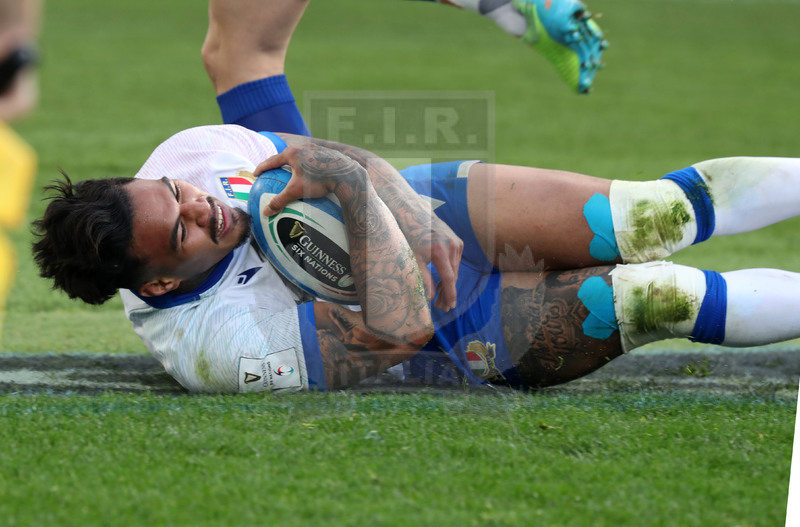 Guinness Sei Nazioni 2021, Round 1, Roma, stadio Olimpico 06/02/2021, Italia v Francia, Monty Ioane nella meta annullata. Foto Daniele Resini/Fotosportit