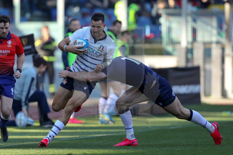 Guinness Sei Nazioni 2020, Round 3, Roma, Stadio Olimpico, 22/02/2020, Italia v Scozia. Mattia Bellini attaccato da Blair Kinghorn. Foto Roberto Bregani/Fotosportit