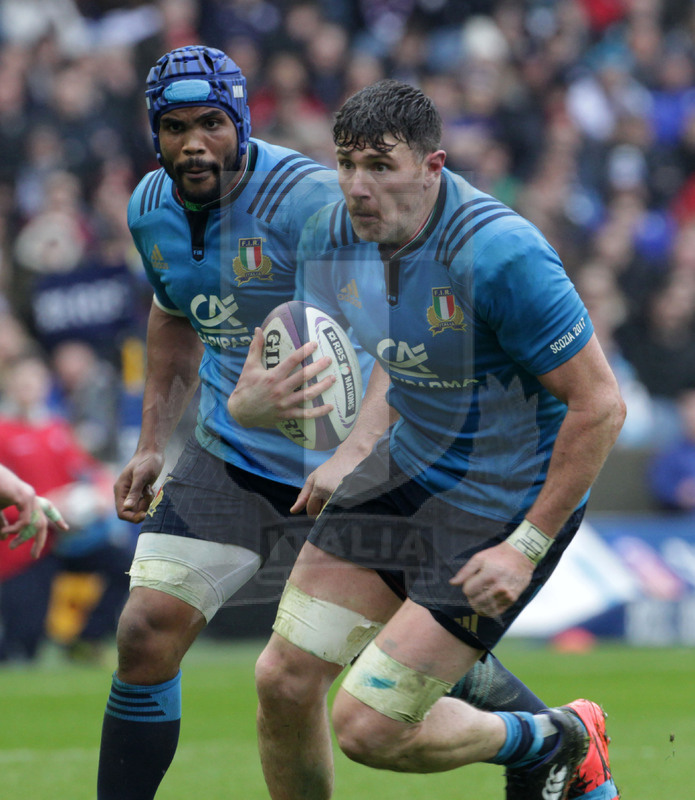 RBS Sei Nazioni 2017, Edimburgo, Murrayfield stadium 18/03/2017, Scozia v Italia, una carica di George Biagi con Mbandà in sostegno. Foto Daniele Resini/Fotosportit