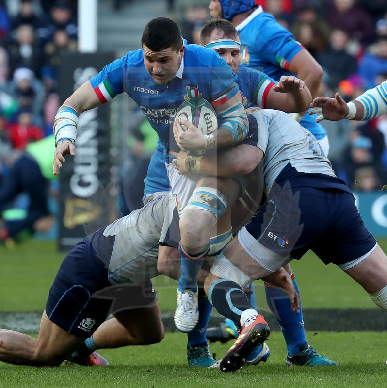 Guinness Sei Nazioni 2019, Round 1, Edimburgo, Murrayfield 02/02/2019, Scozia v Italia, Sebastian Negri subisce un doppio placcaggio. Foto Daniele Resini/Fotosportit