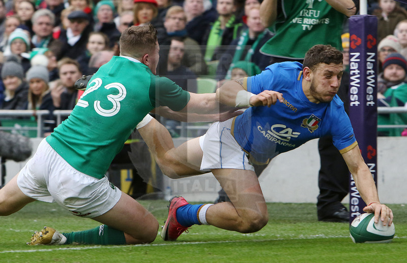 Natwest Sei Nazioni 2018, round 2, Dublino, Aviva Stadium 10/02/2018, Irlanda v Italia, la meta di Matteo Minozzi. Foto Daniele Resini/Fotosportit