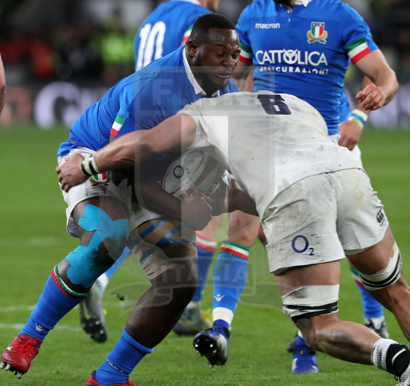 Guinness Sei Nazioni 2019, Round 4, Londra, Twickenham 09/03/2019, Inghilterra v Italia, Cherif Traore impatta su Billy Vunipola. Foto Daniele Resini/Fotosportit