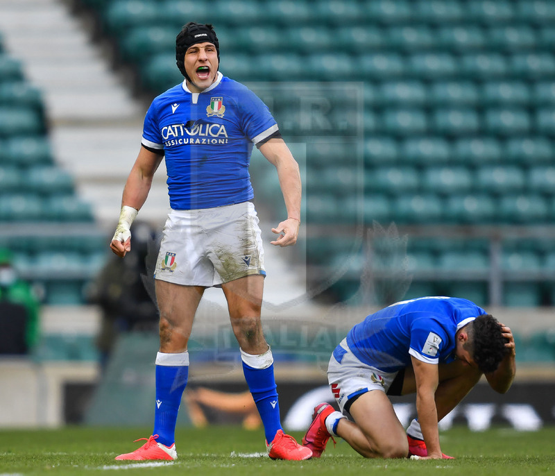 Guinness Sei Nazioni 2021, Round 2, Londra, Twickenham 13/02/2021, Inghilterra v Italia, Ignacio Brex incita i compagni. Foto Graig Thomas/Fotosportit
