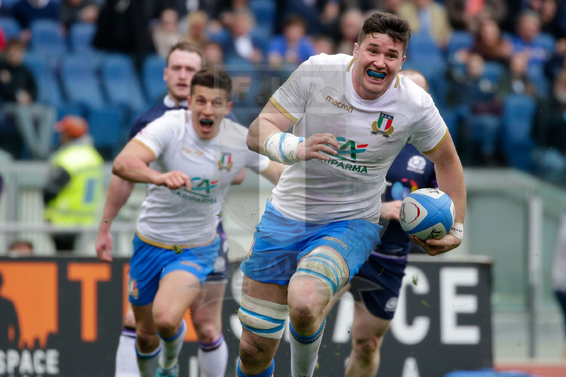 Natwest Sei Nazioni 2018, Roma, Stadio Olimpico, 17/03/2018, Italia v Scozia. Sebastian Negri lanciato a marcare la meta poi annullata dall\