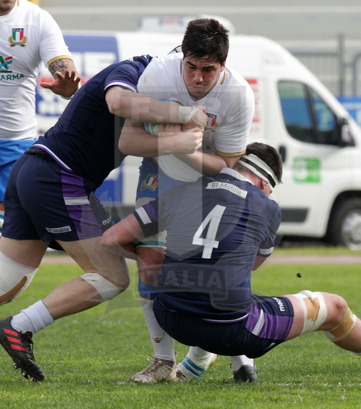 Natwest Sei Nazioni U20 2018, round 5, Bari, stadio della Vittoria 16/03/2018, Italia U20 v Scozia U20, doppio placcaggio su Iachizzi.. Foto Daniele Resini/Fotosportit
