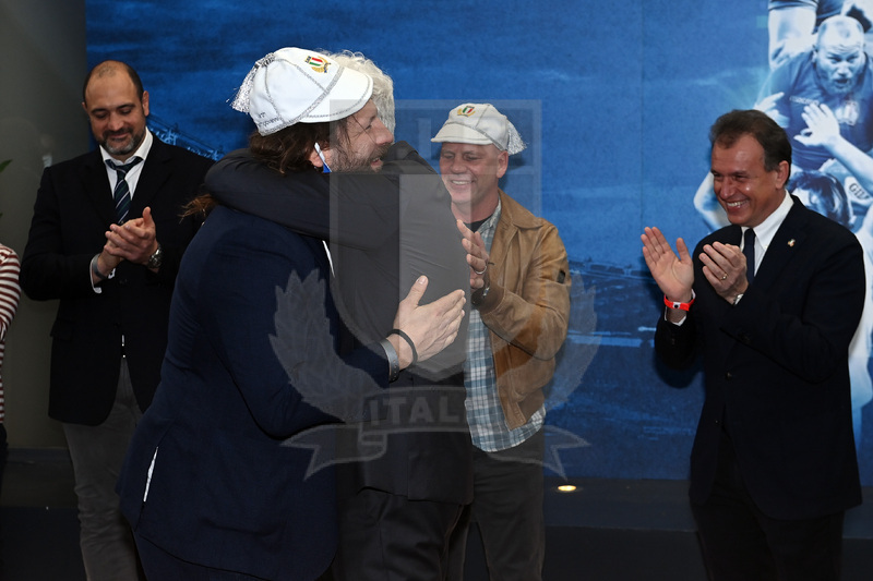 ROME, ITALY - MARCH 12: Martin Castrogiovanni is presented with her 100th test cap by Marzio Innocenti during the Centurion Test Cap ceremony before the Guinness Six Nations Rugby match between Italy and Scotland at Stadio Olimpico on March 12, 2022 in Rome, Italy. (Photo by Tullio Puglia - Federugby/Getty Images)