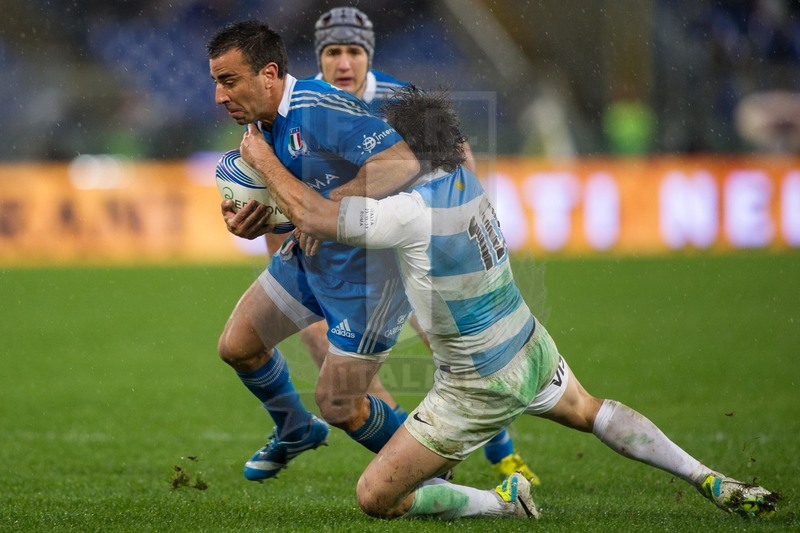 Cariparma Test Match 2013, Roma, Stadio Olimpico, 23-11-2013, Italia v Argentina. Foto Elena Barbini. Nicolas Sanchez placca Luciano Orquera