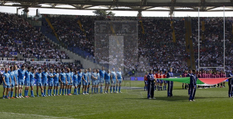 RBS 6 Nazioni 2014, Roma, Stadio Olimpico, 15-03-2014, Italia v Inghilterra. le squadre schierate per la cerimonia degli inni nazionali. Foto: Roberto Bregani