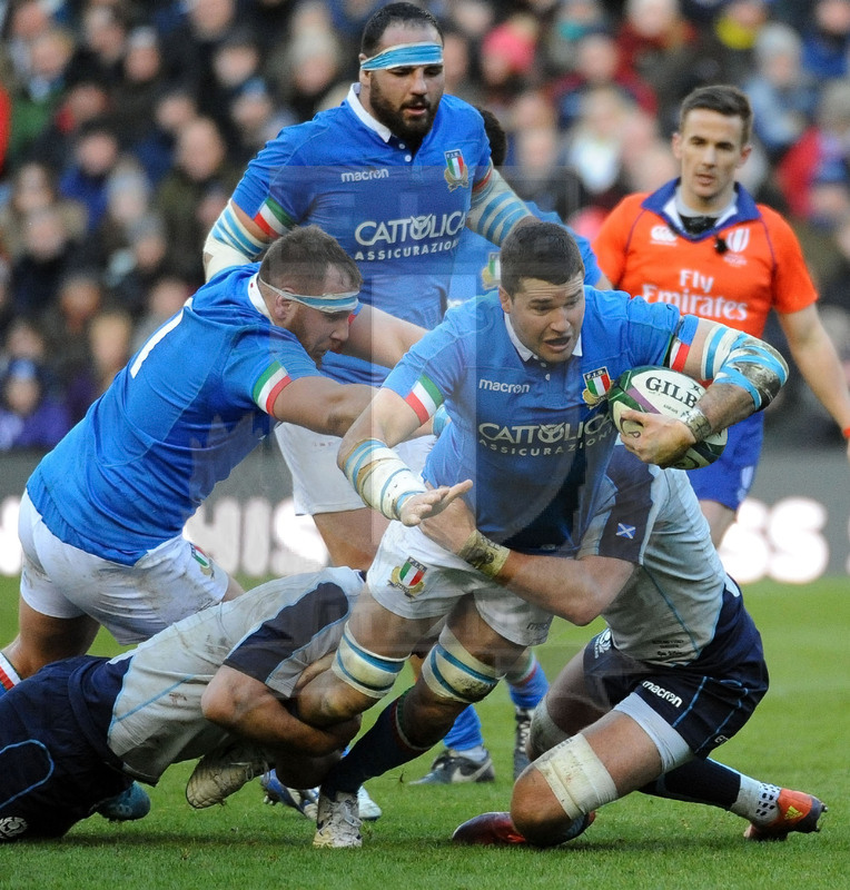 Guinness Sei Nazioni 2019, Round 1, Edimburgo, Murrayfield 02/02/2019, Scozia v Italia, Sebastian Negri subisce un doppio placcaggio. Foto Daniele Resini/Fotosportit