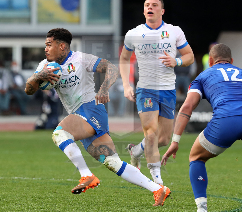 Guinness Sei Nazioni 2021, Round 1, Roma, stadio Olimpico 06/02/2021, Italia v Francia, Monty Ioane con Paolo Garbisi. Foto Daniele Resini/Fotosportit